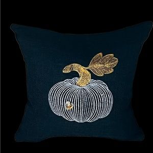 Fall Pillow with White embroidered Pumpkin with faceted glass crystal heart